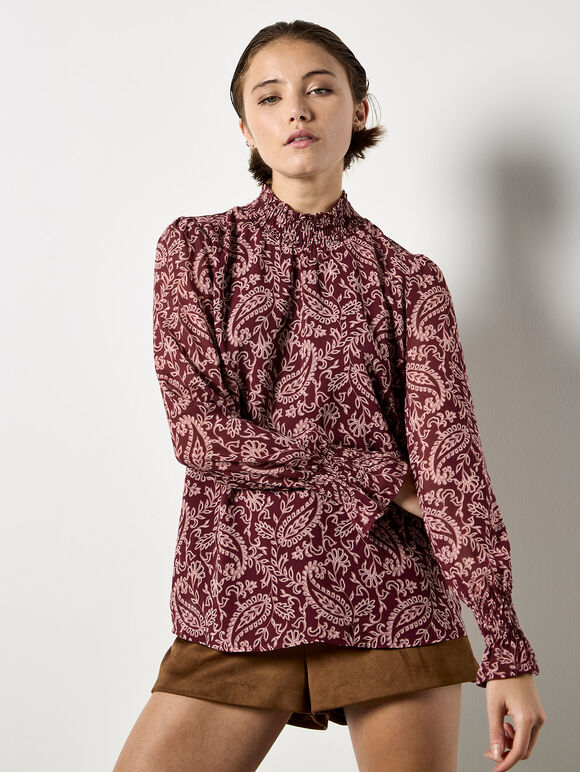 Paisley Print Chiffon Top, Burgundy, large