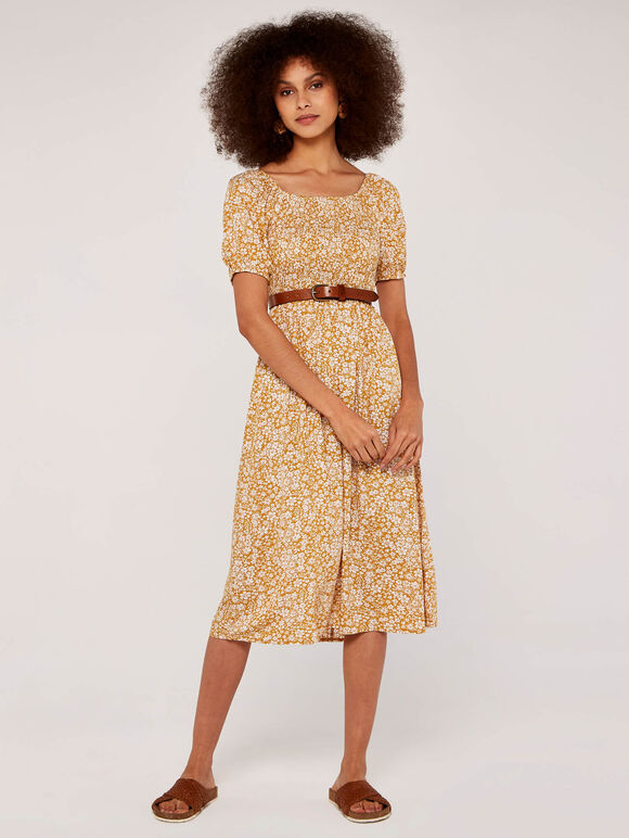 Ditsy Puff Sleeve Midi Dress, Mustard, large