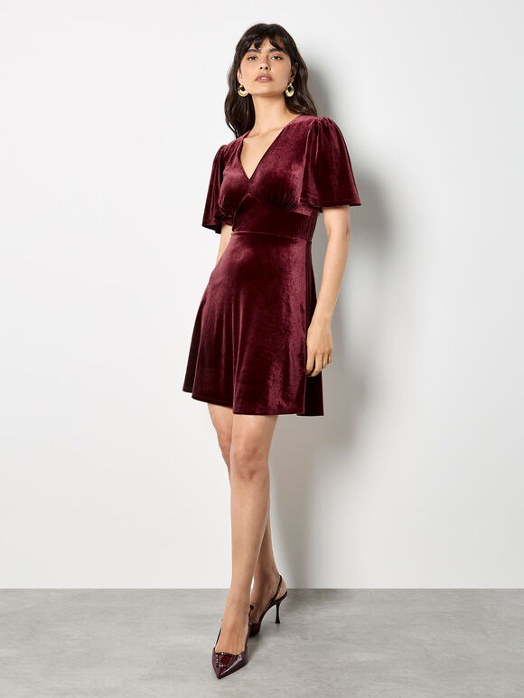 Empire Waist Velvet Mini Dress, Burgundy, large