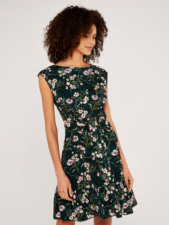 Floral Animal Tie Front Dress, Green, large