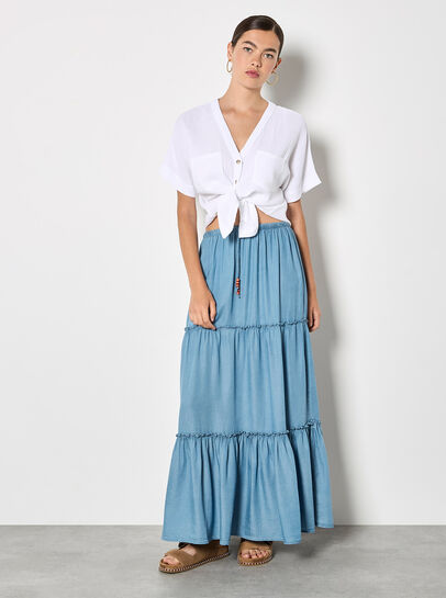 Denim Tiered Maxi Skirt