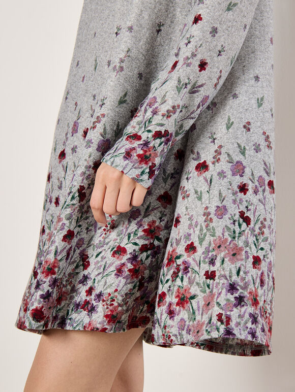 Floral Border Jersey Knit Mini Dress, Silver, large