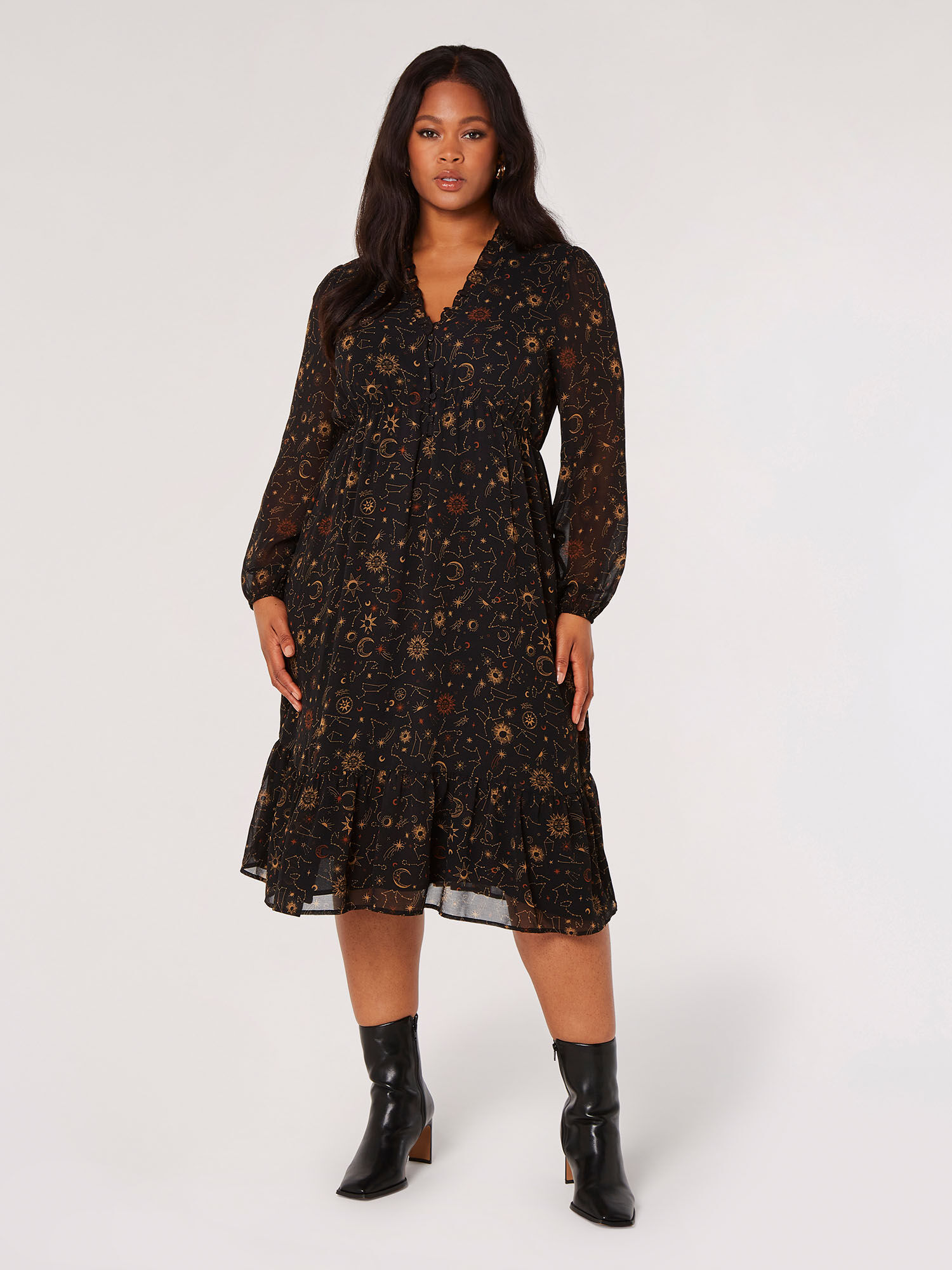 Curve Constellation Ruffle Midi Dress Apricot Clothing
