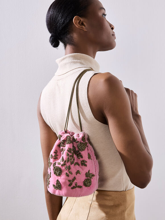 Beaded Velvet Drawstring Bag, Pink, large