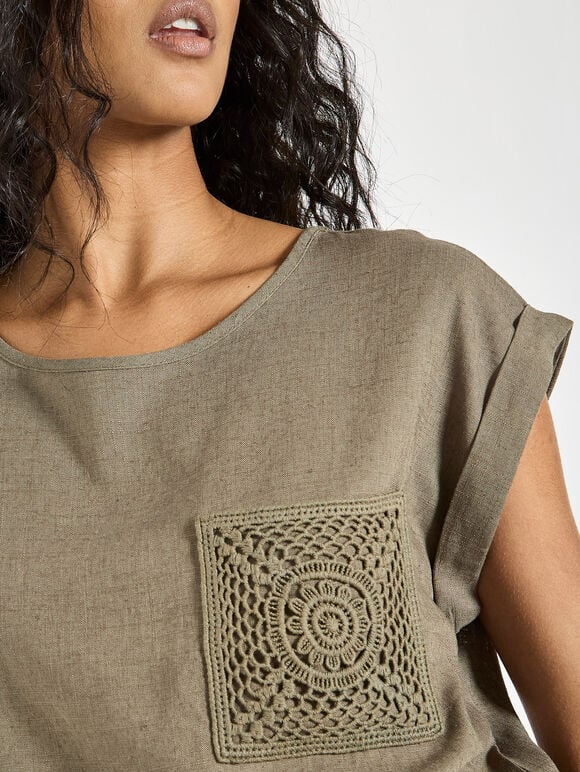 Crochet Pocket Linen Blend T-Shirt, Khaki, large