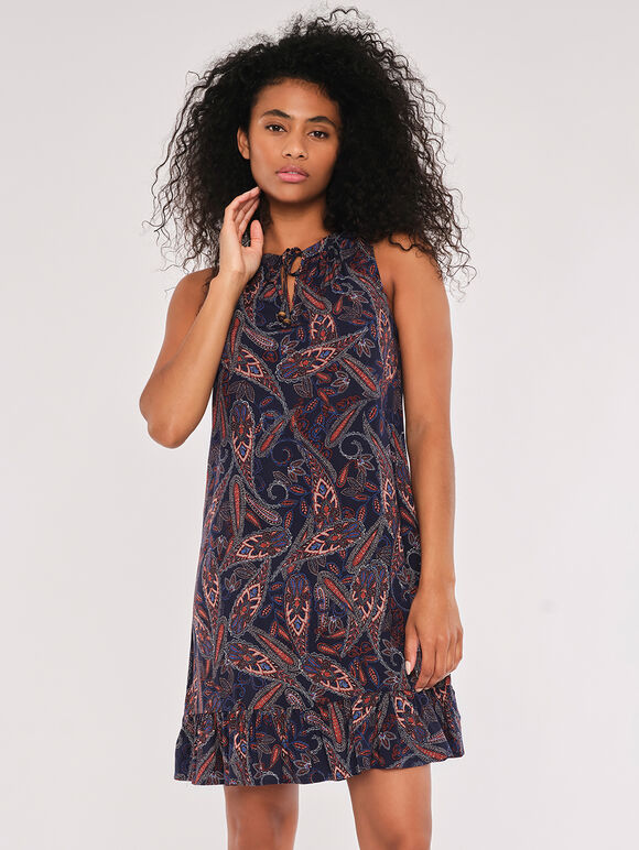 Paisley V Neck Ruffle Trim Dress, Navy, large
