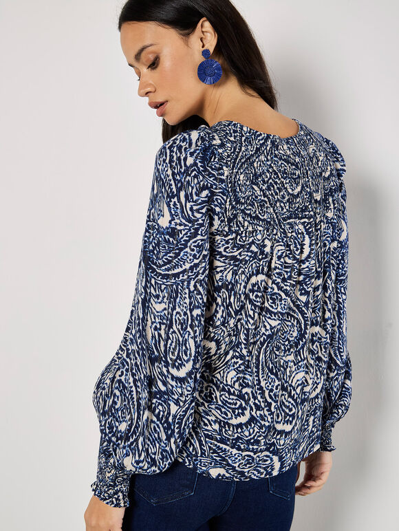 Paisley Print Shimmer Blouse, Navy, large
