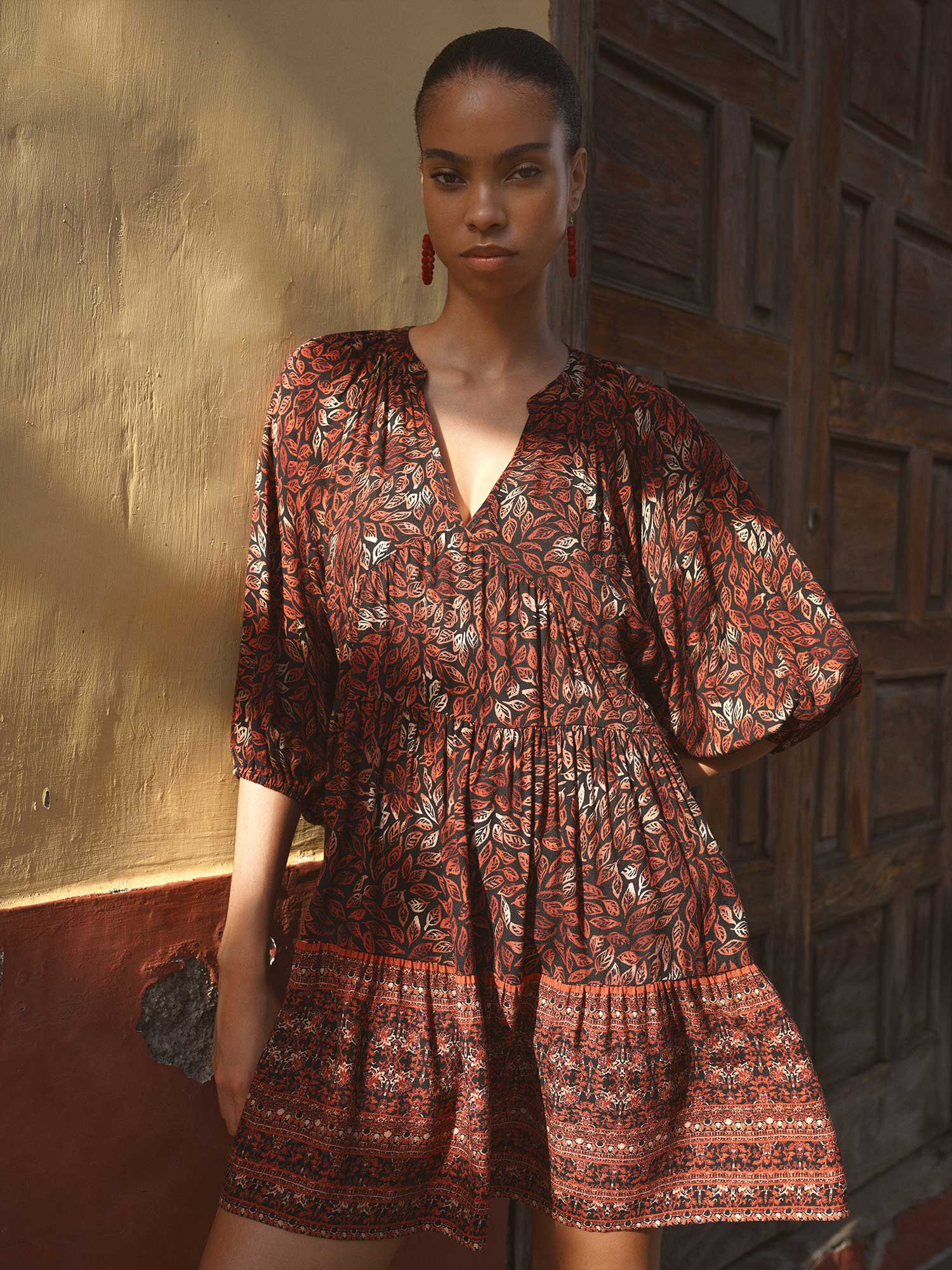 Block Print Leaf Mini Dress Apricot Clothing