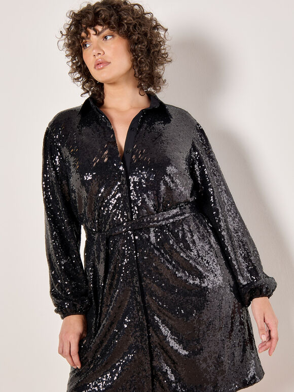 Curve Sequin Shirt Mini Dress, Black, large