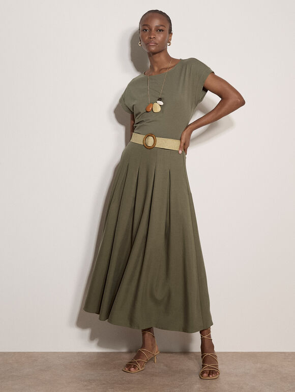 Boho Belted Midi Skirt, Khaki, large