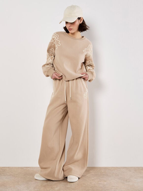Floral Embroidered Sweatshirt, Cream, large