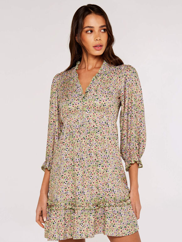 Ditsy Puff Sleeve Mini Dress, Mint, large
