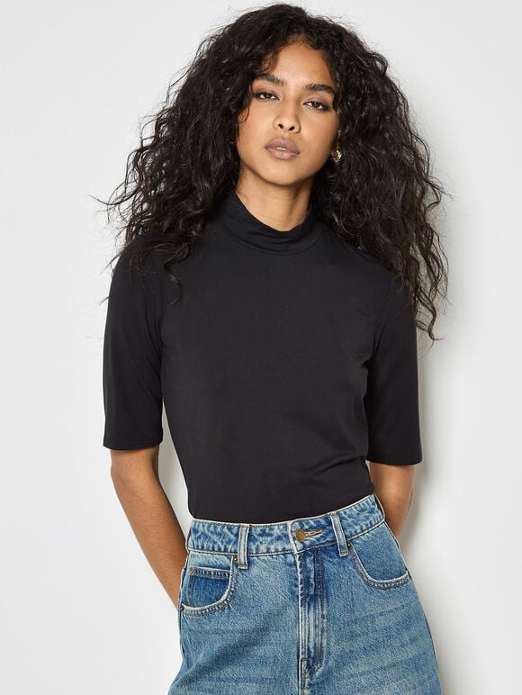 Jersey Mock Neck Top, Black, large