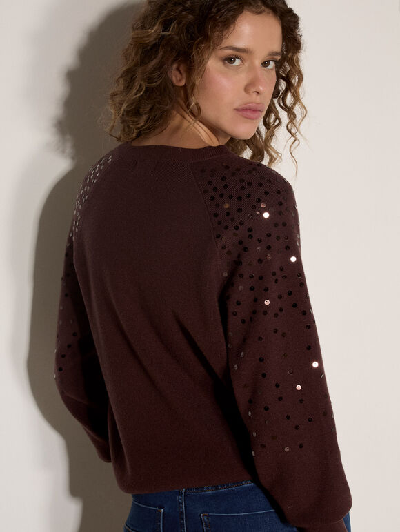 Sequin Sleeve Ribbed Knit Jumper, Brown, large