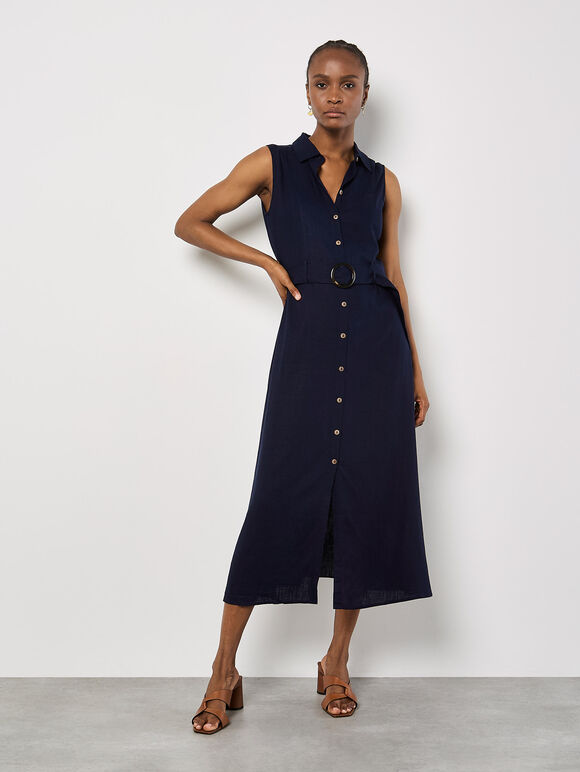 Linen Blend Shirt Midi Dress, Navy, large