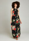 Black Tropical Floral Rope Neck Maxi Dress, Black, large