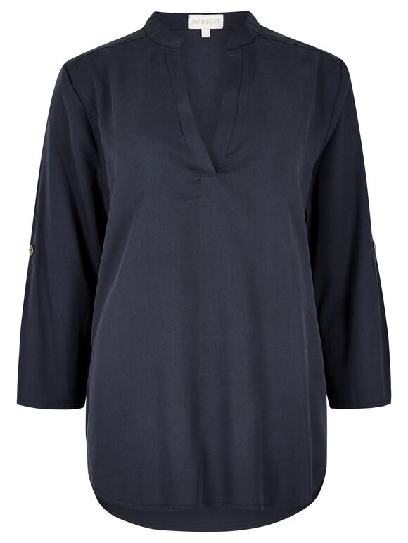 Collarless Three-Quarter Length Sleeve Top, Navy, large