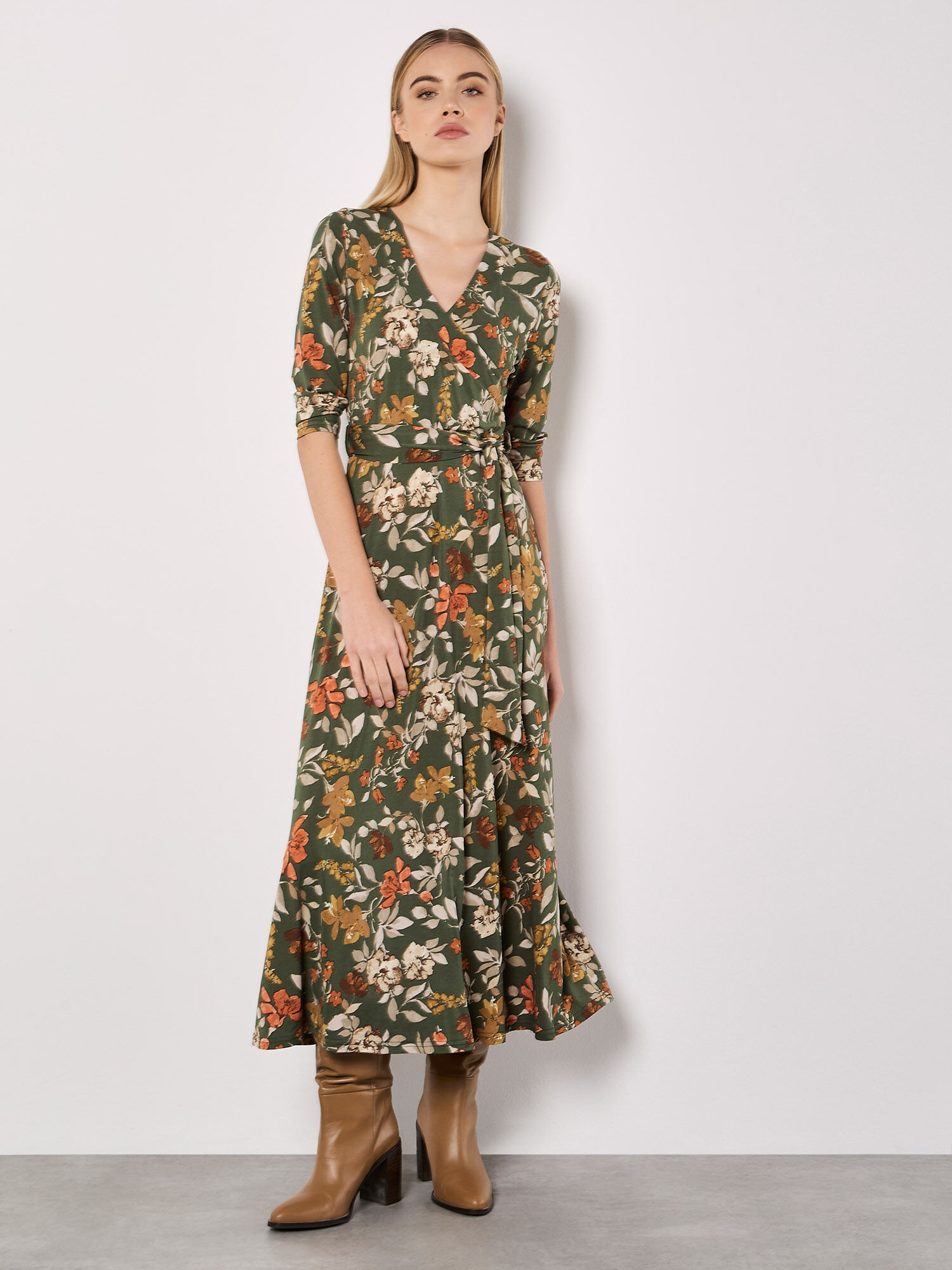 Apricot floral leaf check skater dress hot sale