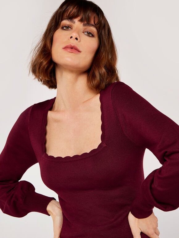Scallop Neck Knit Dress, Burgundy, large