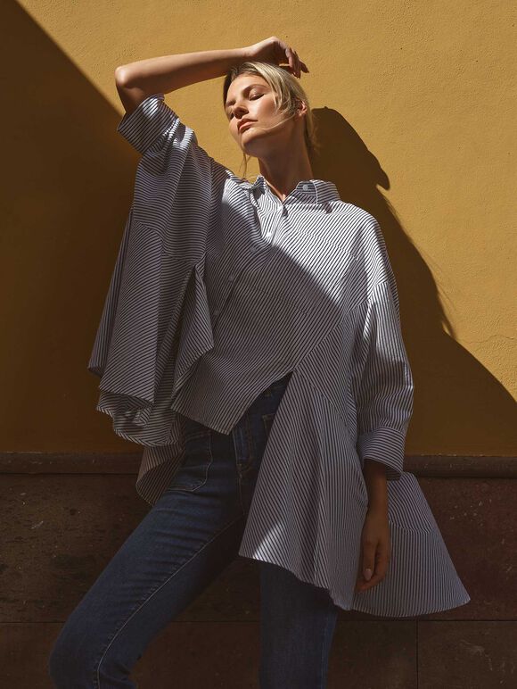 Oversized Striped Cotton Shirt, White, large