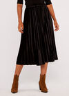 Velvet Pleated Midi Skirt, Black, large