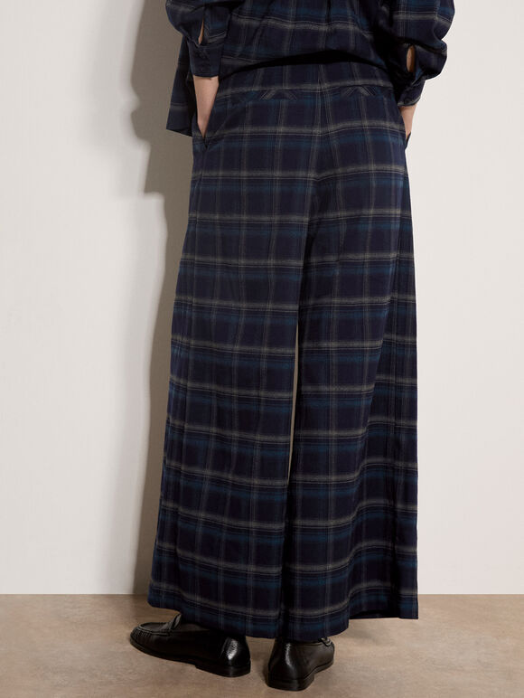 Check Print Wide-Leg Trousers, Navy, large