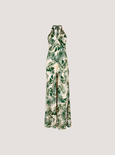 Tropical Leaf Satin Maxi Dress