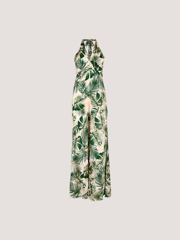 Tropical Leaf Satin Maxi Dress, Cream, large
