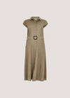 Linen Blend Belted Shirt Midi Dress, Khaki, large
