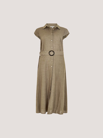 Linen Blend Belted Shirt Midi Dress