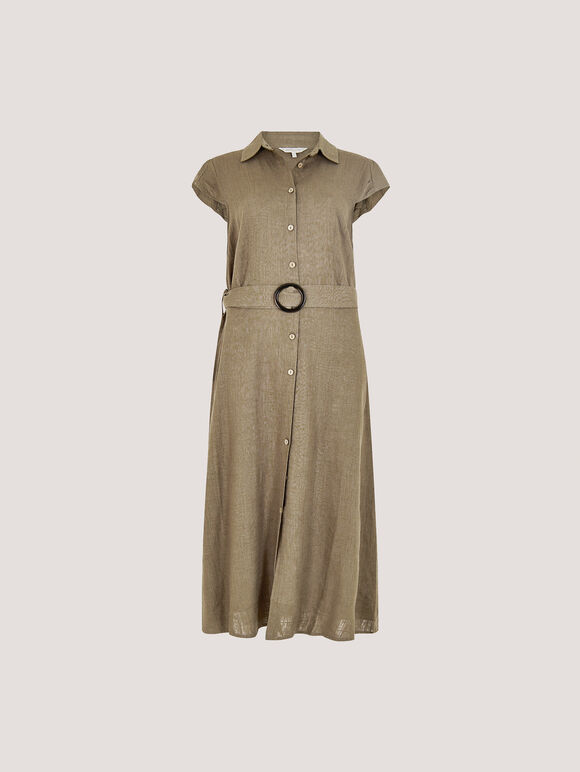 Linen Blend Belted Shirt Midi Dress, Khaki, large