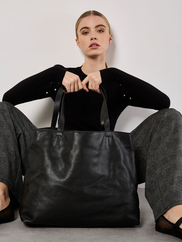 Leather Tote Bag, Black, large
