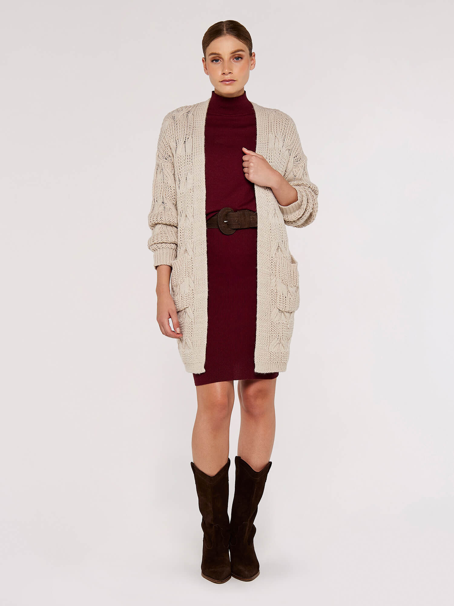 Chunky Cable Knit Cardigan Apricot Clothing