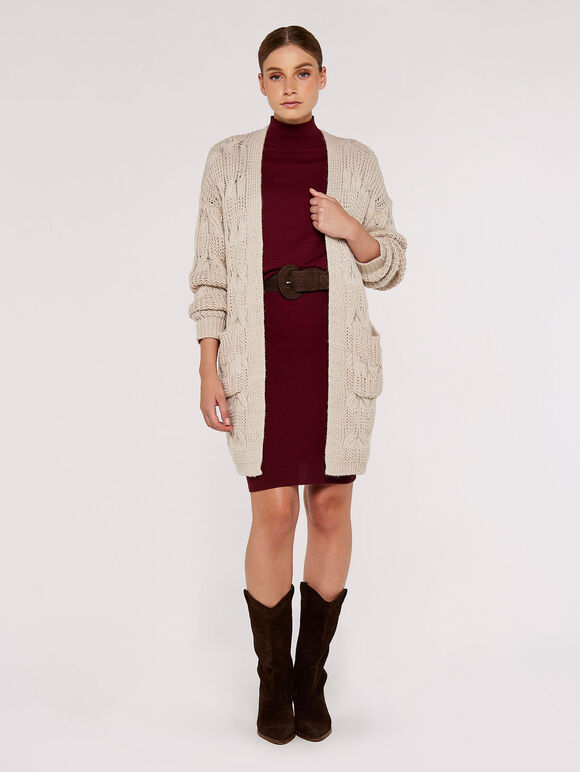 Chunky Cable Knit Cardigan, Stone, large