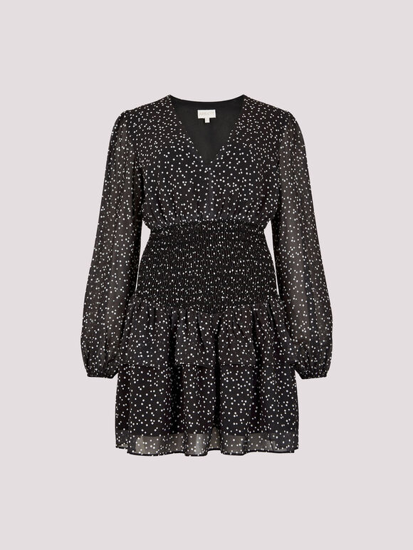 Spot Print Chiffon Mini Dress, Black, large