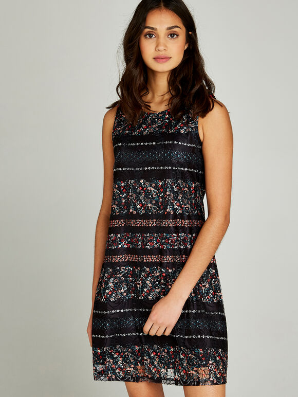 Ditsy Kaleidoscope Lace Dress, Black, large