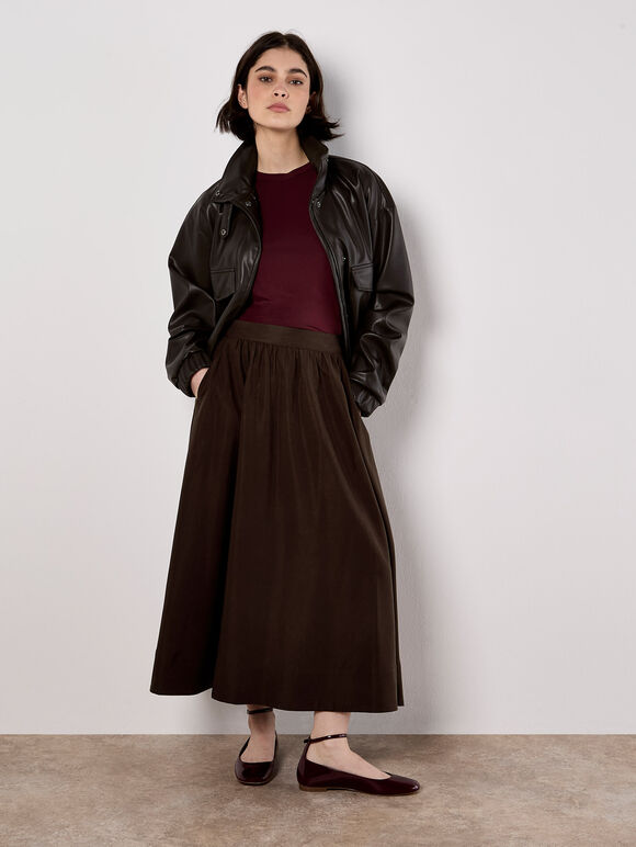 Soft Woven A-Line Midaxi Skirt, Brown, large