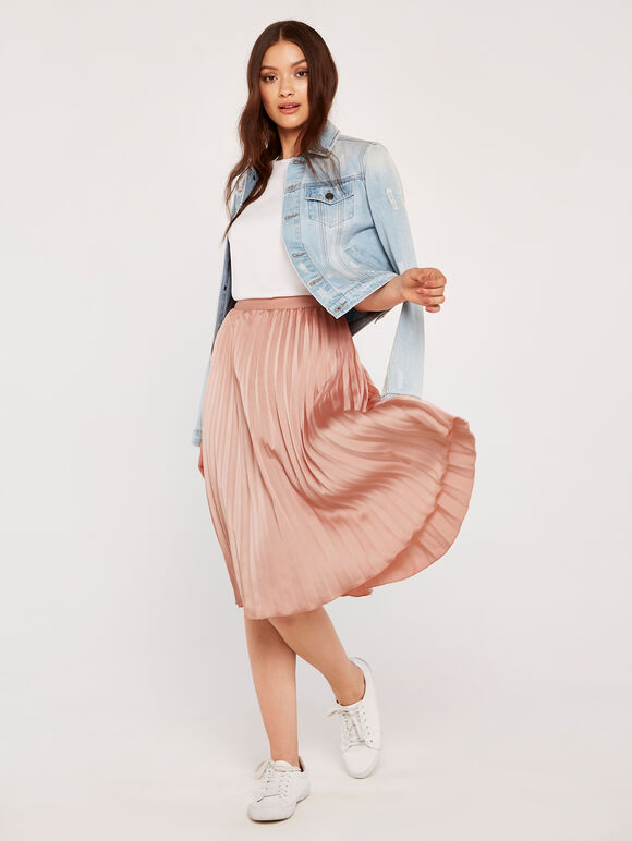 Pleated Satin Crepe Skirt, Pink, large