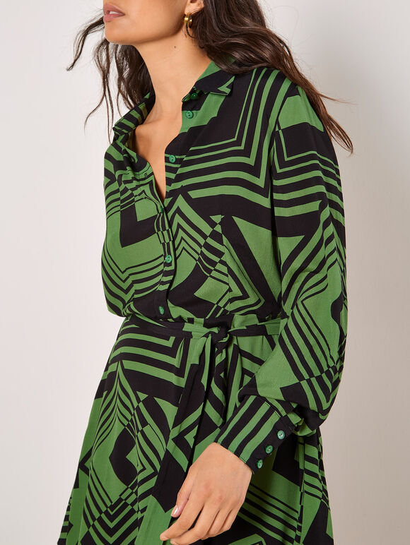 Geo Squares Shirt Mini Dress, Green, large