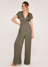 Button Down Wide Leg Jumpsuit, Khaki, large
