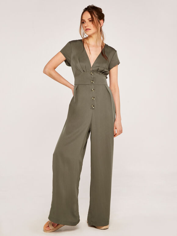 Button Down Wide Leg Jumpsuit, Khaki, large