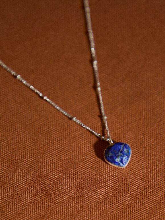 Silver Tone Heart Pendant Necklace, Blue, large