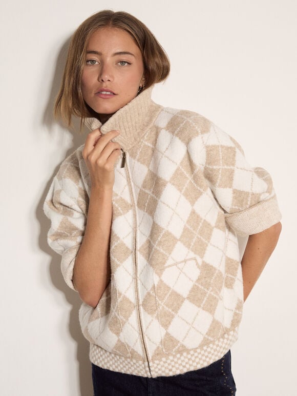 Argyle Zip Cardigan, Cream, large