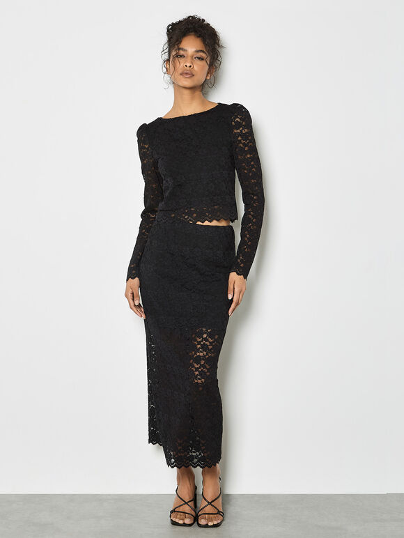 Floral Leaf Lace Midi Skirt, Black, large