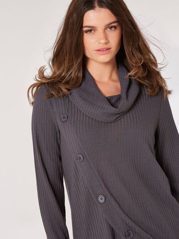 Waffle Knit Button Wrap Top, Grey, large