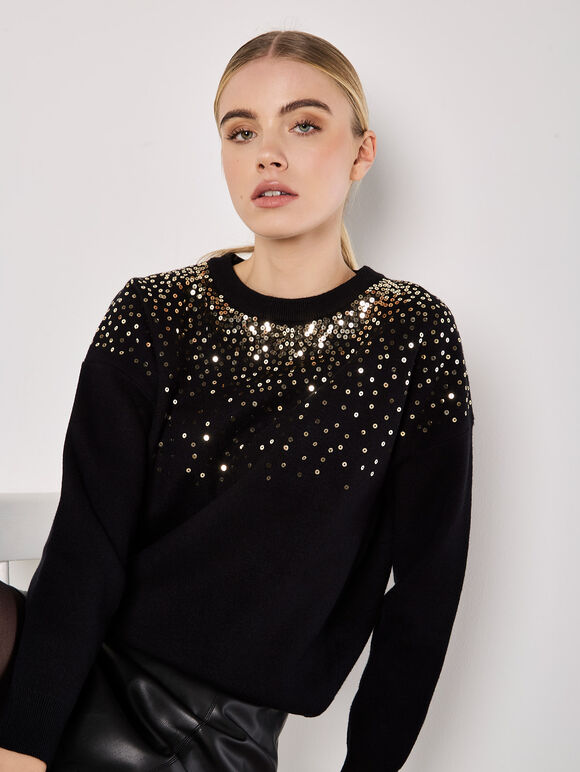 Sequin Embellished Jumper, Black, large