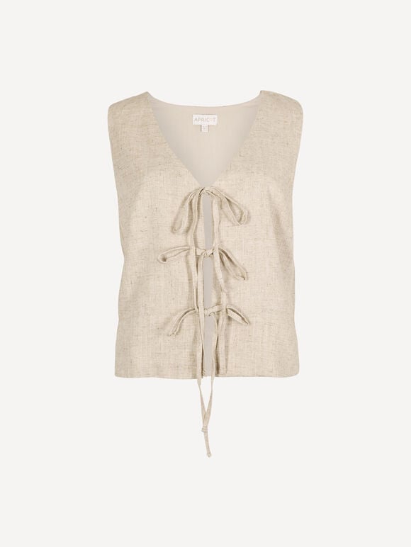 Tie Front Linen Blend Waistcoat, Stone, large