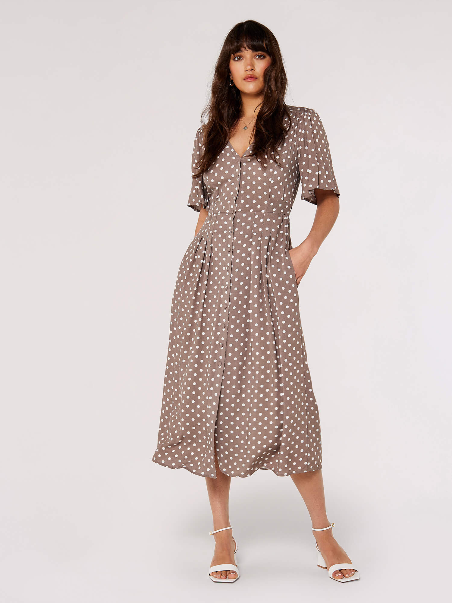 Brown polka dot shirt dress best sale