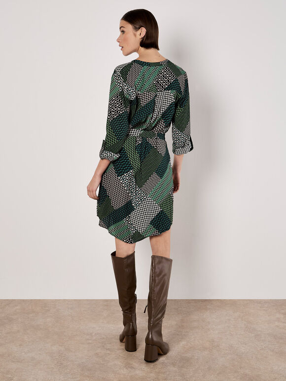Geo Patchwork Shirt Mini Dress, Green, large