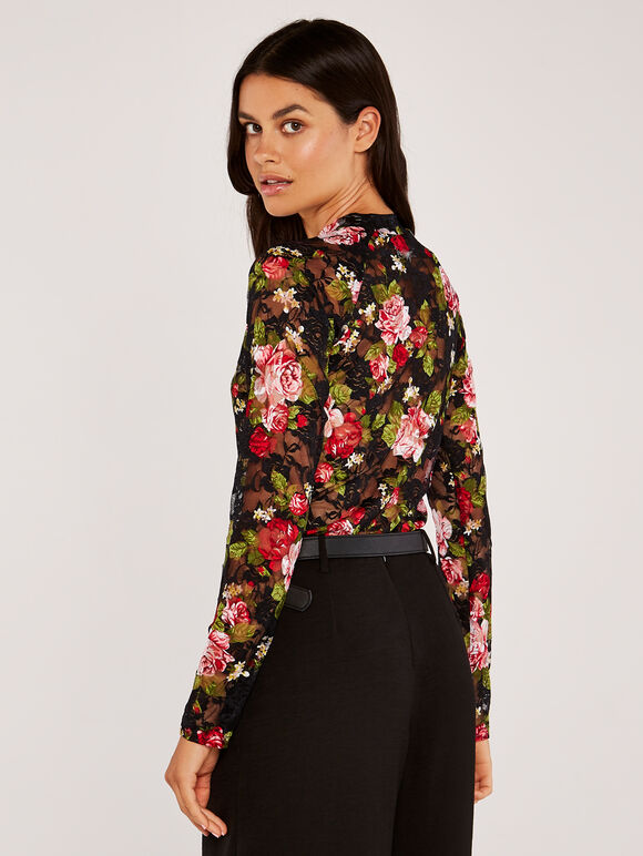 Pink Roses Lace High Neck Top, Black, large